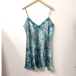 Y2K Slip Dress Blue Cheetah Print Floral Print Adjustable Straps Large